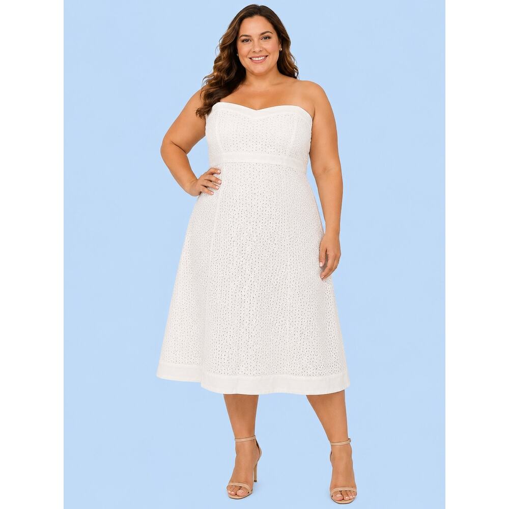 White House Black Market Strapless Eyelet Dress Women Size 14 White Cotton Midi